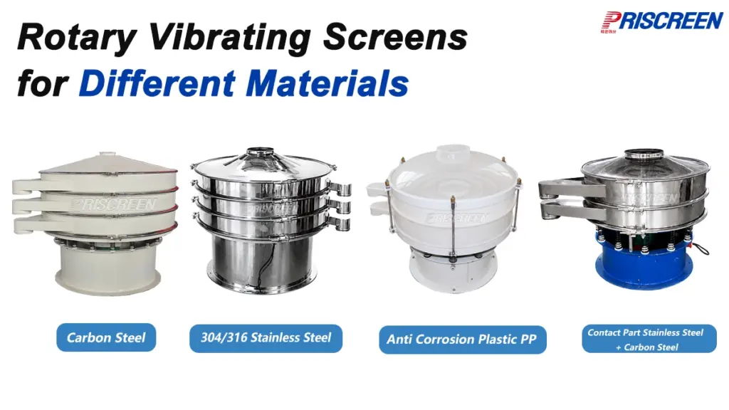 Rotary vibrating screen for different materials including flour, sugar, graphite and quartz sand
