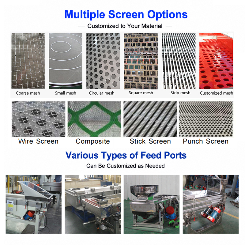 Linear vibrating screen with customizable screen mesh and feed inlet